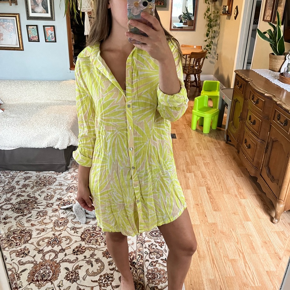 Singrid Olsen green and yellow linen Mini Dress